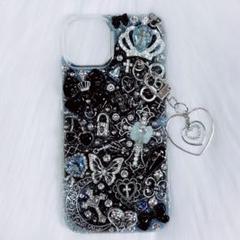 iPhone14.15ケース デコ電 デコケース 黒 水色 地雷系 ゴスロリ