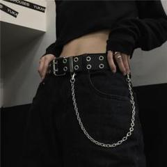 【ブラック】チェーン付きPUレザーベルト 黒 男女兼用 アクセント