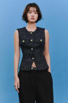 Zara ザラ 25SS ベルト テクスチャー ベスト - ネイビーブルー お待たせ! ベルト テクスチャー ベスト - ネイビーブルー | ZARA