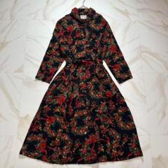 シャツワンピース　ロング丈　総柄　花柄　ネル生地　ベルト　Aライン　ネイビー　紺