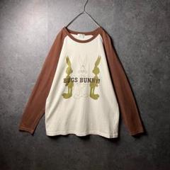 vintage ラグランシャツ　長袖　ビッグサイズ　白　ブラウン　アニメキャラ