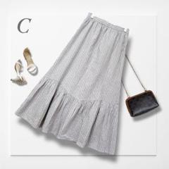 C ワールド◆ティアードロングスカート(M)ストライプ 大人可愛い ガーリー