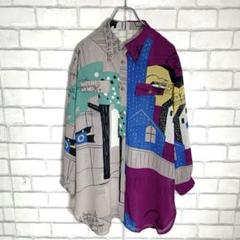 1点物　希少デザイン　ヴィンテージ　総柄シアーシャツ　金ボタン　個性的　男女兼用