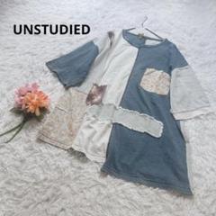 アンスタディード【M】パッチワークTシャツ　トップス　半袖　デニム　アシンメトリ