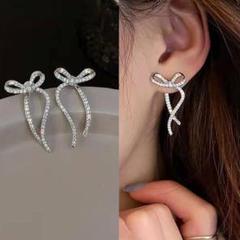 ピアス リボン ロング S925 シルバー キラキラ ビジュー 大人可愛い
