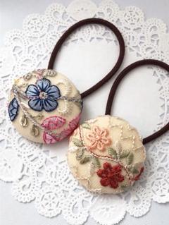 インド刺繍 くるみボタン38㎜ ヘアゴム 2個セット L