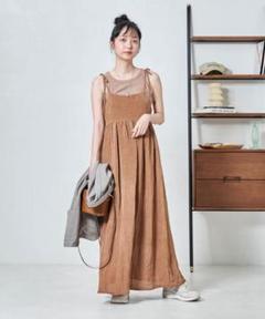 ワッシャー リボン キャミソールワンピース ブラウン キャミワンピース ロング丈