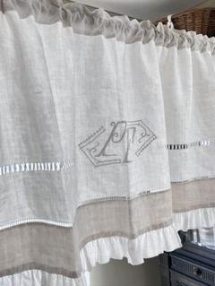 【美品】フランスアンティーク 花模様の手刺繍 フリルカフェカーテン[3376] 美品】フランスアンティーク PE手刺繍 ホワイトフリルカフェ