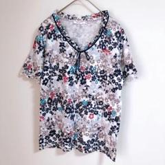 【Brolly】（L）フリル×りぼん付き花柄半袖カットソー/Tシャツ/Ｖネック