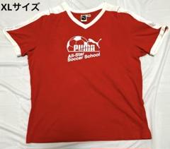 PUMA プーマVネックシャツ XL 白×オレンジ90年代　2穴あり