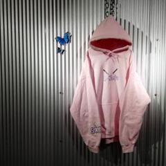 レトロ古着 パーカー 忍者 日本刀 プリントロゴ ベビーピンク シルエット◎ L