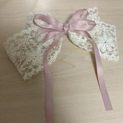 アイボリー レース ピンクリボン ヘッドドレス
