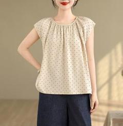 夏物美品 ドット柄 ブラウス 綺麗め ラウンドネック 着痩せ 配色 涼しい