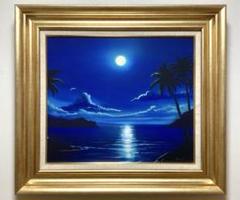 SALE(F10号）千日海「月の浜辺」真作/肉筆/表裏にサイン有り/手描き/油彩 SALE(F10号）千日海「月の浜辺」真作/肉筆/表裏にサイン有り