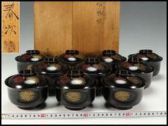 黒塗唐松蒔絵 吸物椀 十客 塗師 金森春次作 共箱(K-YC446) 黒塗唐松蒔絵 吸物椀 十客 塗師 金森春次作 共箱(K-YC446