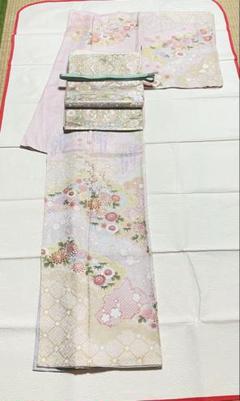 最安価格 金彩 正絹 訪問着フルセット 絞り模様 ラメ 花鳥 唐織 ピンク 着物・浴衣