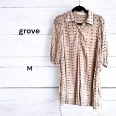 グローブ groveプリーツシャツワンピース 七分袖 ベージュ M