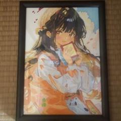 アニメスタイルの少女の絵画 フレーム付き