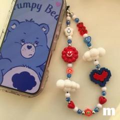 ハンドメイドビーズストラップ♡ブルー×レッド