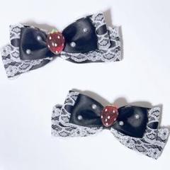パールリボンヘアクリップ ブラック ホワイト いちご