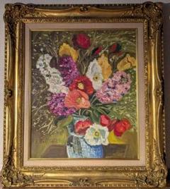 【真作】絵画　油彩8号　華やぎのブーケ　色彩豊かな花瓶の花　静物画　W157 真作】絵画 油彩8号 華やぎのブーケ 色彩豊かな花瓶の花 静物画