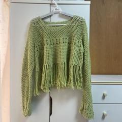 オリーブグリーン フリンジ付きニット