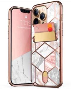 iPhone13Pro Max ケース マーブル柄 ピンク カード収納付き