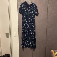 ネイビー花柄シャツワンピース 半袖 ロング