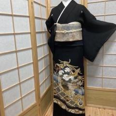 D859 黒留袖 友禅 孔雀 鴛鴦 正絹 着物 袷 しつけ糸付き未使用極美品