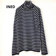 INED　カットソー　タートルネック　ボーダー柄　白×紺　L