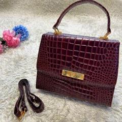 【美品】ハンドバッグ ショルダー 2way クロコ型押し ボルドー レザー