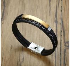 ブレスレット メンズ バングル ステンレス レザー 編み込み