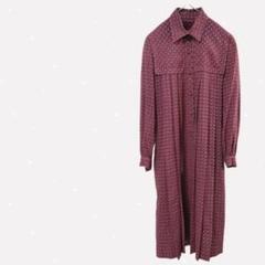 ロングシャツワンピース 小花柄 総柄 くるみボタン ボルドー レトロ感 裏地あり