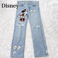 希少ディズニーヴィンテージ90s Disneyジーンズ刺繍デニムパンツ Disney - ディズニー 希少ミッキーマウス刺繍ダメージデニム
