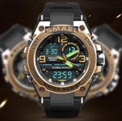 【新品送料無料】 多機能メンズ腕時計防水 ミリタリー ブラック×ゴールド