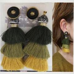 279＊２way ブラック ゴールド 刺繍 タッセル 大ぶり カーキ マスタード