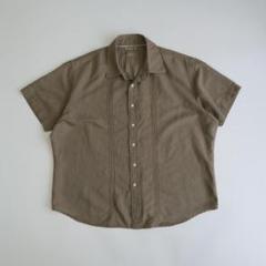 刺繍デザイン　リネン/コットン半袖シャツ　サンドベージュ　XL 古着