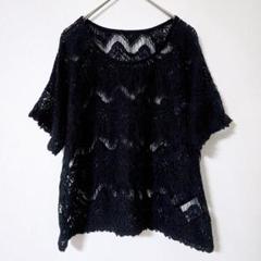 レース編みトップス【F】半袖Tシャツ　黒透け　無地