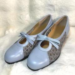 【銀座ヨシノヤ】　極美品　パンプス　水色　24 リボン　レース　綺麗　外反母趾