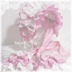 ♡ Candy チェック柄 フリルレースリボンヘッドドレス pink ♡ ♡ Candy チェック柄 フリルレースリボンヘッドドレス pink