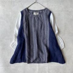Vlas Blomme リネン切替ストライププルオーバー ネイビー×ホワイト