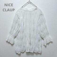 【ナイスクラップ】シフォンシャーリングブラウス　スタンドカラー　リボン　白