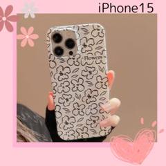 花柄　iPhone 15　スマホケース　白黒　モノクロ　かわいい　韓国　おしゃれのサムネイル