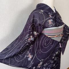くすみ紫系 流水・桜模様 小紋 絽・夏物・単衣 化繊 - メルカリ