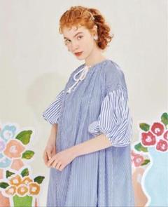 希少 ポピーPOPPY あさぎーにょ ストライプボリュームワンピース ブルーM 希少！POPPY あさぎーにょ ストライプボリュームワンピース