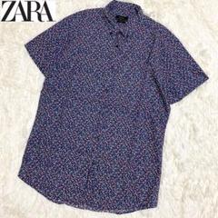 ZARA　ザラ　花柄シャツ　総柄　フラワー　半袖　ネイビー　トレンド　小花柄　L
