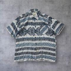 【US輸入】アメリカ古着メンズアロハ半袖柄シャツかりゆしLネイビー90s