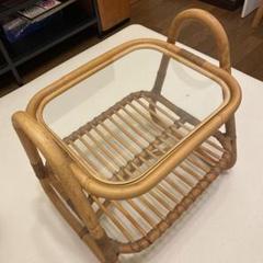 【送料込】流線デザイン ラタンガラスローテーブル 藤家具 古民具 昭和レトロ 流線デザイン ラタンガラスローテーブル 藤家具 古民具 昭和