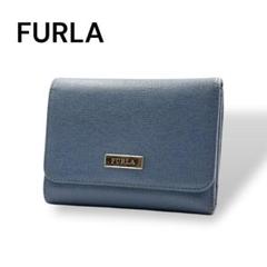 【未使用品】FURLA 長財布　折り財布　レザー　ロゴ金具　ブルー 未使用品】FURLA 長財布 折り財布 レザー ロゴ金具 ブルー