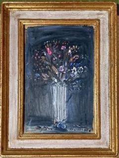 小野州一黒いバックの花油絵P6号モダン逸品